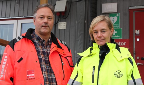 Åke Hägglund, projektchef Veidekke och Charlotte Johansson, produktionsledare SL.