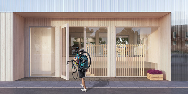 Fokus för utvecklingen av projektet har legat på att de boende enkelt ska kunna cykla och använda kollektivtrafik till och från bostaden. Illustration: Theory Into Practice (TIP).