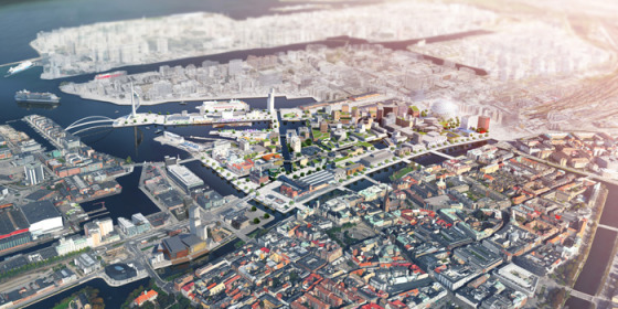 Flygvy över Nyhamnen i Malmö, visionsstudie av Sweco Architects. Bild:  Jonas Johansson.