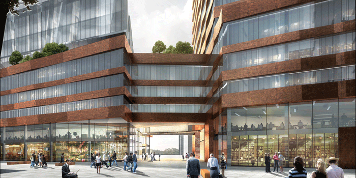 I gatuplanet möts stadens och byggnadens funktioner i en lobby i två plan.