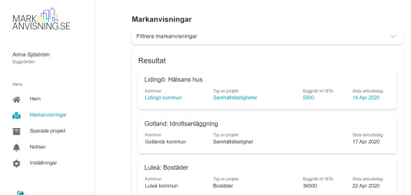Plattformen samlar,  digitaliserar och standardiserar markanvisningar från hela Sverige. Bild: Skärmdump