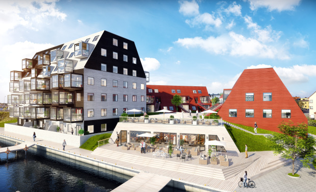 Trähusen har ritats av Wingårdh Arkitektkontor som hämtat inspiration från den äldre bebyggelsen i Karlskrona. Illustration: SBUAB