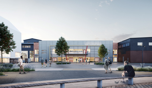 I Härryda kommun byggs en ny idrottsarena, Wallenstam arena, i den gamla anrika fabriksmiljön i Mölnlycke. Bild: Liljewalls arkitekter