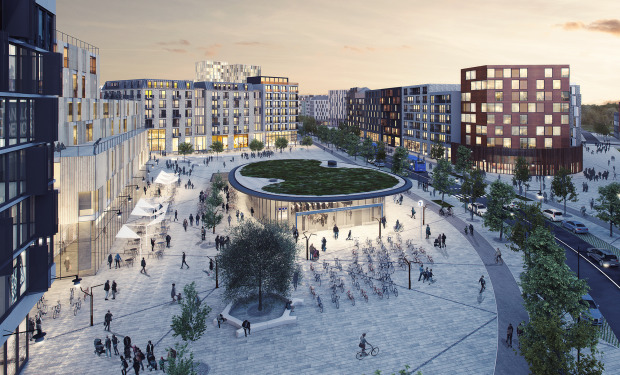 Vy mot det stora torget där Barkarbystadens västra tunnelbaneuppgång kommer att ligga. Visionsbild: Tovatt 2019
