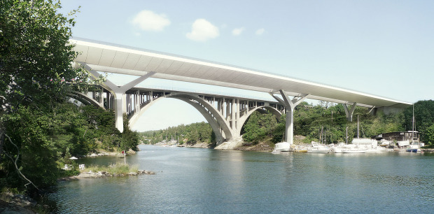 Den nya bron byggs söder om den befintliga. Bild: DISSING+WEITLING architecture