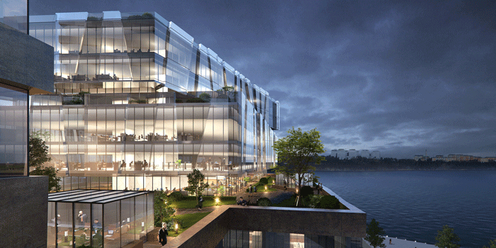 Byggnadsvolymerna formar en välkomnande gest för de många besökare som angör Stockholm från vattnet. Illustration: AIX + DPS, Shanghai Sky Vision Art Co., Ltd
