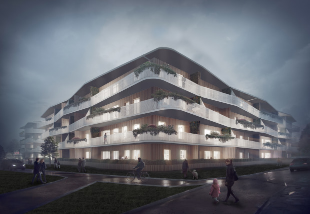 Brf Lillys Kvarter som byggs i Hässelby Villastad får pris i den internationella arkitekturtävlingen  Iconic Awards 2019. Bild: Kirsh + Dereka