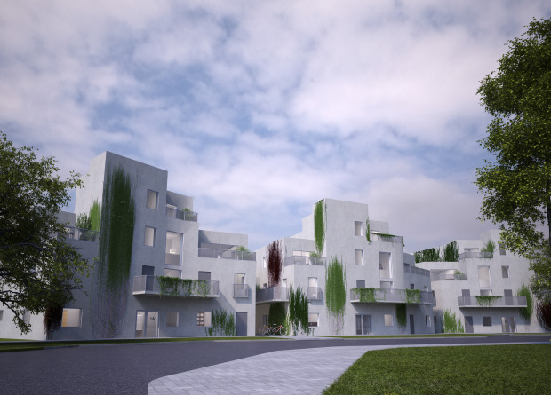 Brf Leanderklockan, som fått namn efter Per Leanders Plantskola, består av 18 lägenheter fördelade på tre huskroppar. Bild: Lindvall A & D