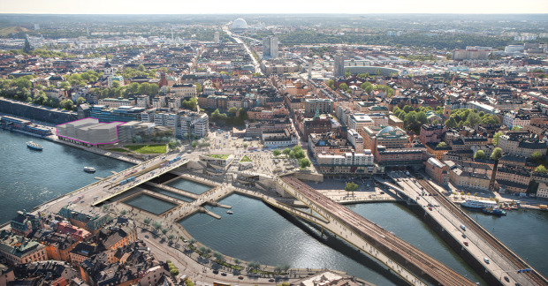 Nobel center planeras byggas på Stadsgårdskajen vid Slussen i Stockholm. Bild: Dbox/Foster and partner.